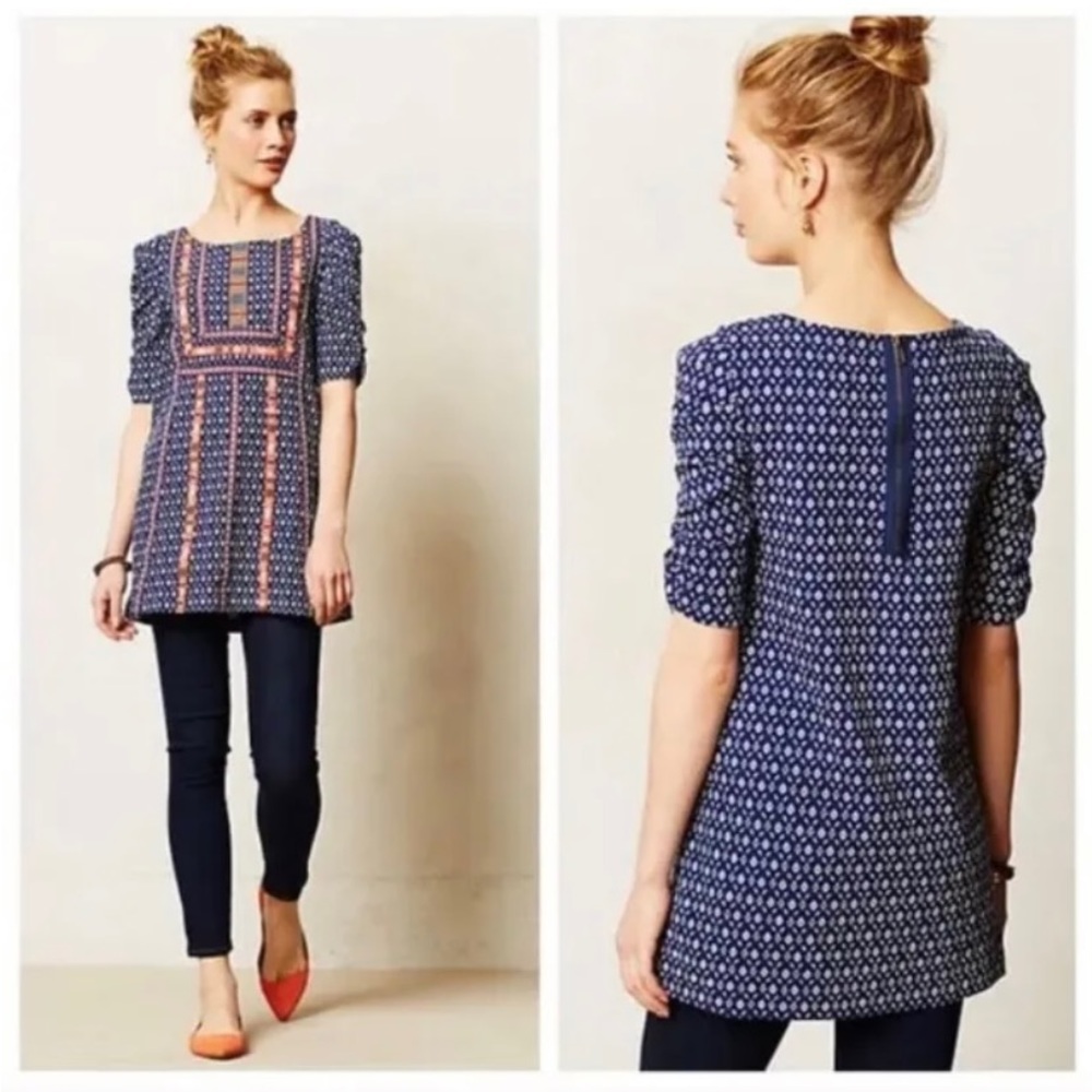 Akemi + Kin Anthropologie Sz M Embroidered Blue Mini Dress Tunic Ruched Sleeve